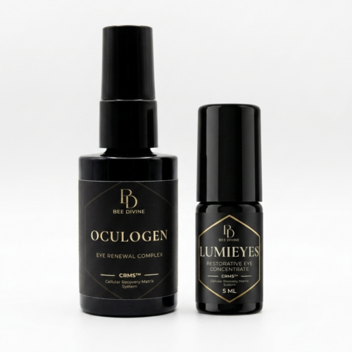 Essential Eye ritual OCULOGEN and LUMIEYES serum and eye cream puffiness dark cyrcle fine lines bee divine natural organic skincare brand uk biotech luxury CRMS Skin intelligence certified formulator leaded