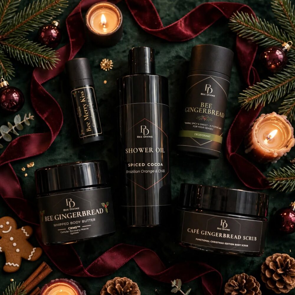 Bee Divine Festive Special: five seasonal body care essentials with evergreen branches, burgundy ribbon and candlelight.